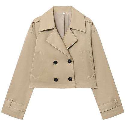 Trench Coat Feminino Cropped Marrom Chocolate com Manga Longa e Fechamento Duplo