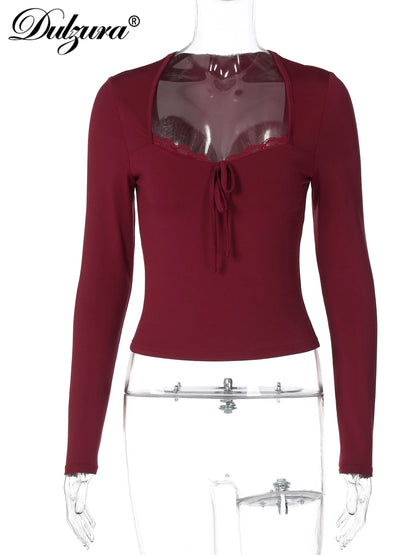 Blusa Feminina Sexy Manga Longa com Decote Quadrado e Renda
