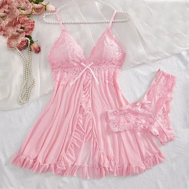 Conjunto de Lingerie Feminina em Renda com Camisola e Calcinha Vermelha