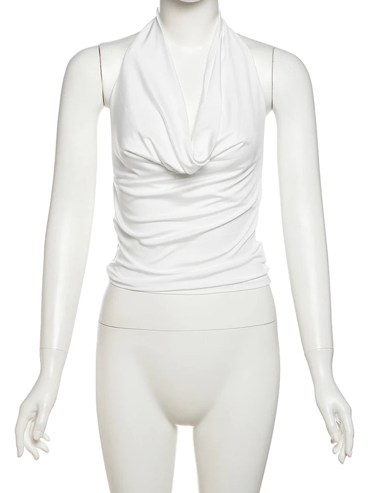 Top Feminino Nibber Halter com Costas Abertas e Franzido Ajustado
