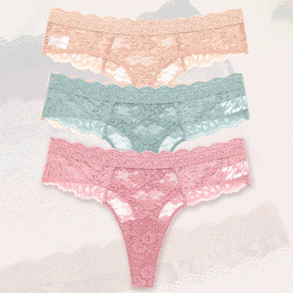 Kit com 3 Calcinhas Fio Dental Femininas em Renda Floral, Macias, Confortáveis e de Cintura Baixa