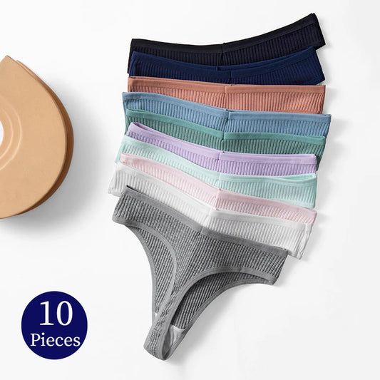 Kit com 10 Calcinhas Femininas em Algodão, Modelo Fio Dental com Design Listrado e Toque Macio