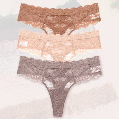 Kit com 3 Calcinhas Fio Dental Femininas em Renda Floral, Macias, Confortáveis e de Cintura Baixa
