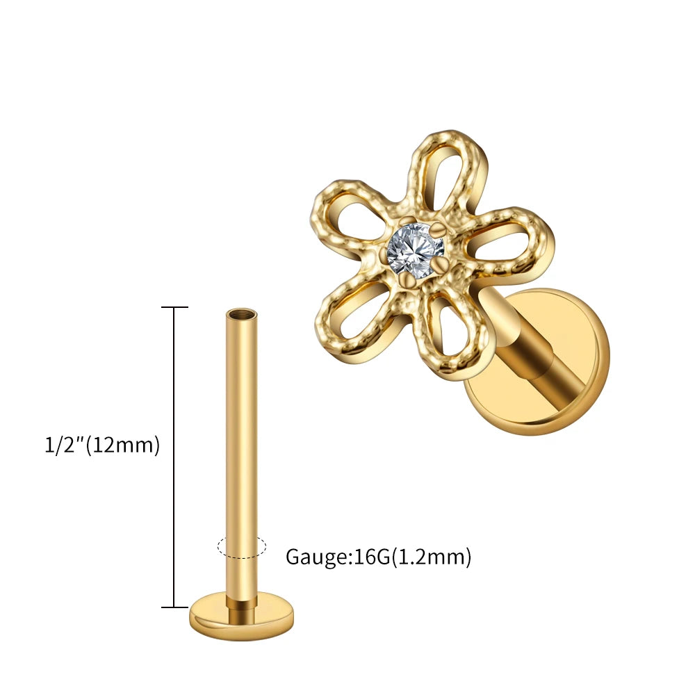 Piercing Feminino em Titânio com Flor Cravejada em Zircônia, Delicado e Sofisticado