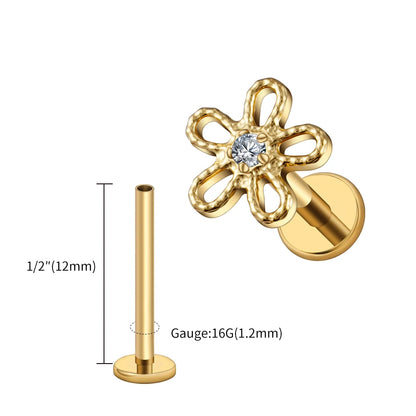Piercing Feminino em Titânio com Flor Cravejada em Zircônia, Delicado e Sofisticado