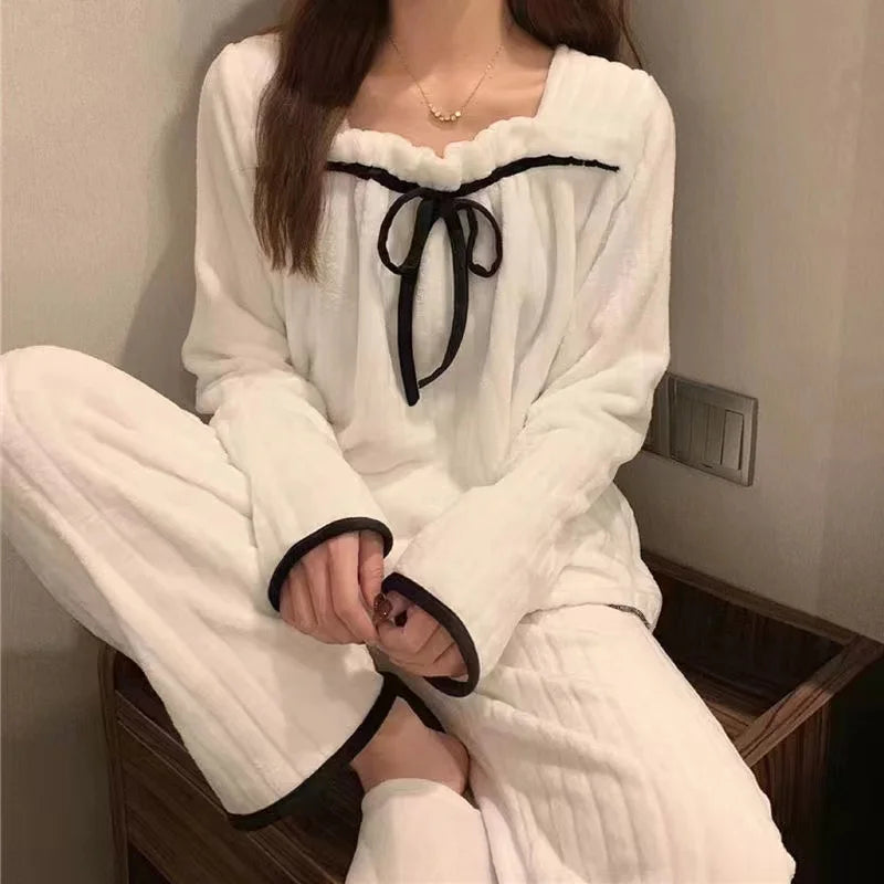Pijama Feminino de Inverno em Fleece Coral, Conjunto de Manga Longa, Quente, Macio e Confortável