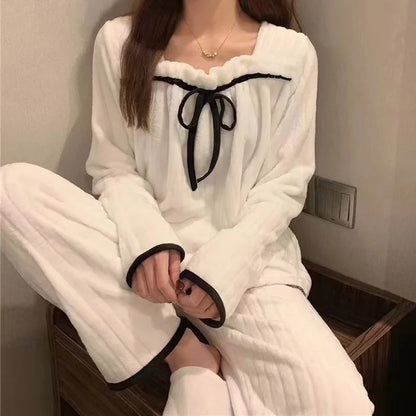 Pijama Feminino de Inverno em Fleece Coral, Conjunto de Manga Longa, Quente, Macio e Confortável