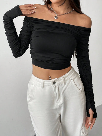 Blusa Feminina Slim Manga Longa com Recorte no Ombro