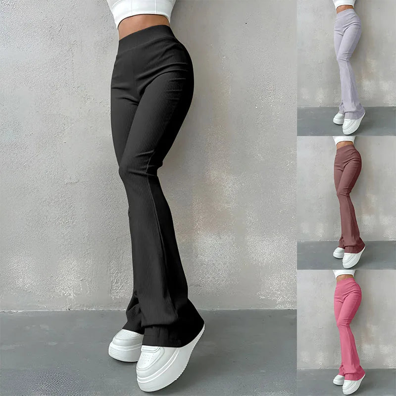 Calça Feminina Slim Flare Canelada Cintura Alta Modelagem