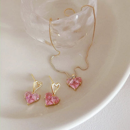 Brincos Femininos com Zircônia Rosa em Formato de Coração, Delicados e Elegantes