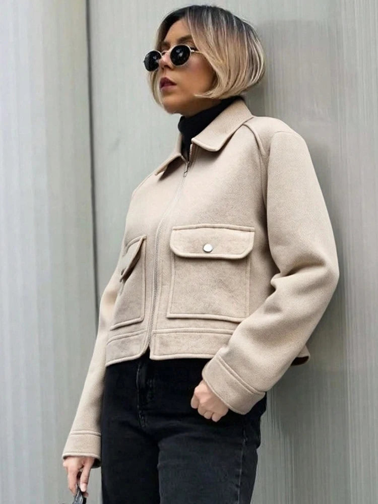 Jaqueta Feminina de Inverno com Zíper e Bolsos, Estilo Curto e Elegante