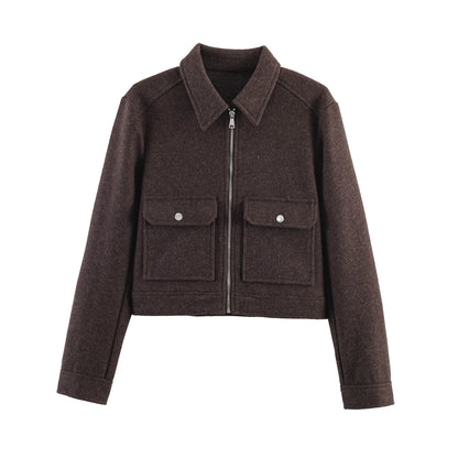 Jaqueta Feminina de Inverno com Zíper e Bolsos, Estilo Curto e Elegante