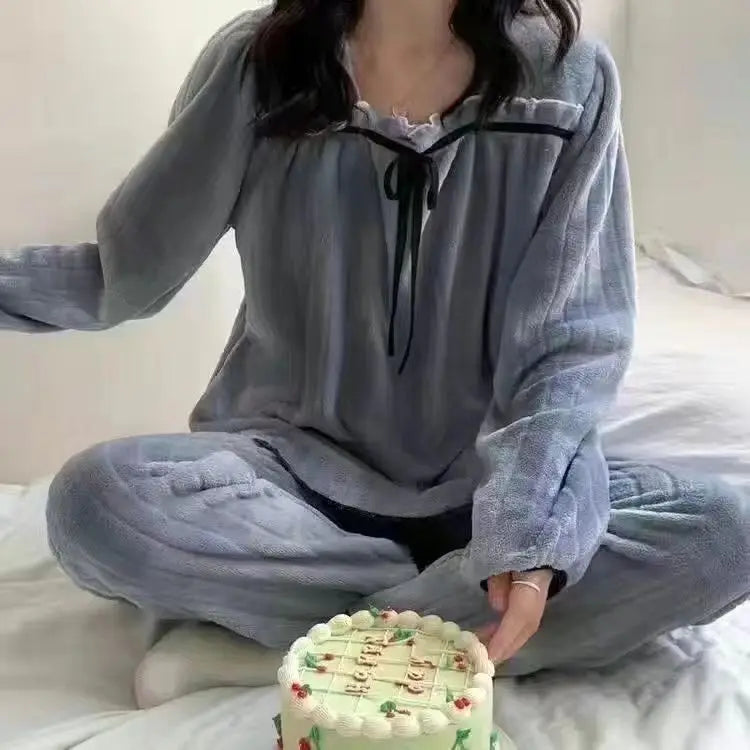 Pijama Feminino de Inverno em Fleece Coral, Conjunto de Manga Longa, Quente, Macio e Confortável
