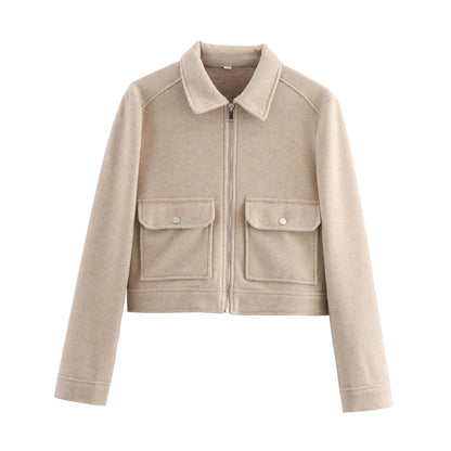Jaqueta Feminina de Inverno com Zíper e Bolsos, Estilo Curto e Elegante