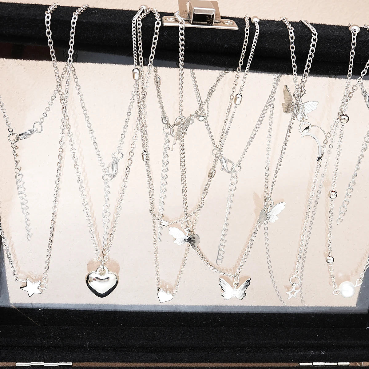 Conjunto de Joias Feminino 51 Peças Prata com Borboleta Coração e Pérolas