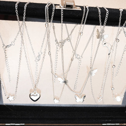 Conjunto de Joias Feminino 51 Peças Prata com Borboleta Coração e Pérolas