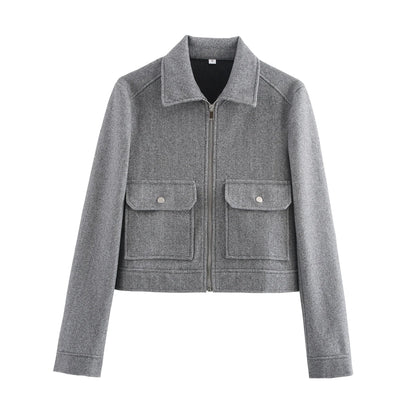 Jaqueta Feminina de Inverno com Zíper e Bolsos, Estilo Curto e Elegante