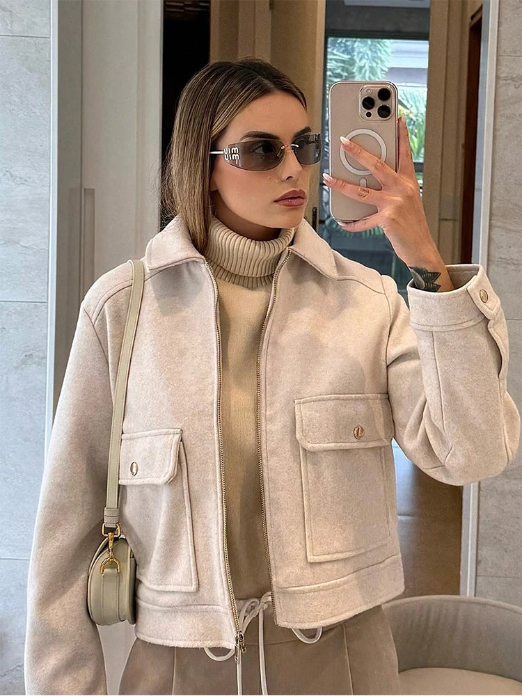 Jaqueta Feminina de Inverno com Zíper e Bolsos, Estilo Curto e Elegante