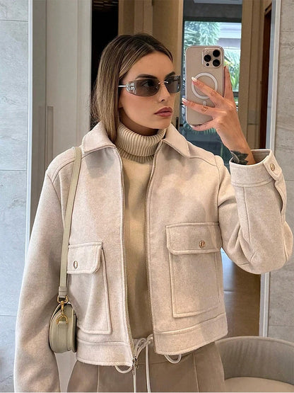 Jaqueta Feminina de Inverno com Zíper e Bolsos, Estilo Curto e Elegante