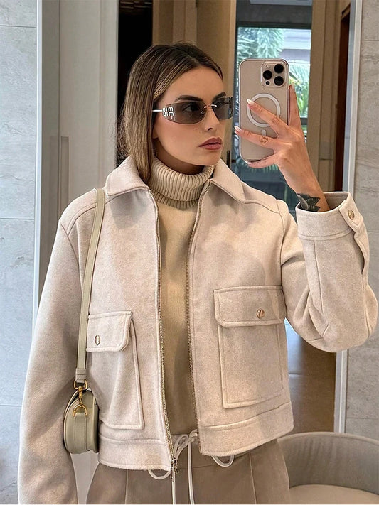 Jaqueta Feminina de Inverno com Zíper e Bolsos, Estilo Curto e Elegante