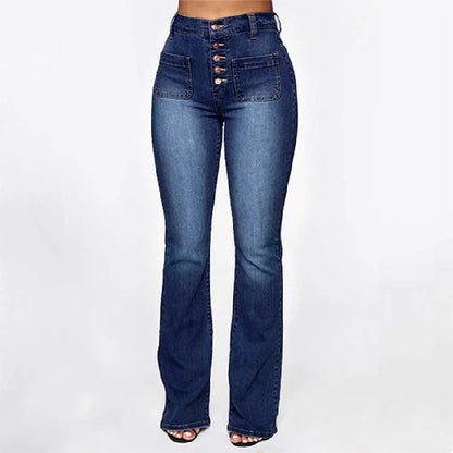 Calça Jeans Feminina Cintura Alta com Lavagem Estonada e Bolsos com Aba