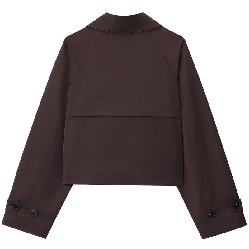 Trench Coat Feminino Cropped Marrom Chocolate com Manga Longa e Fechamento Duplo