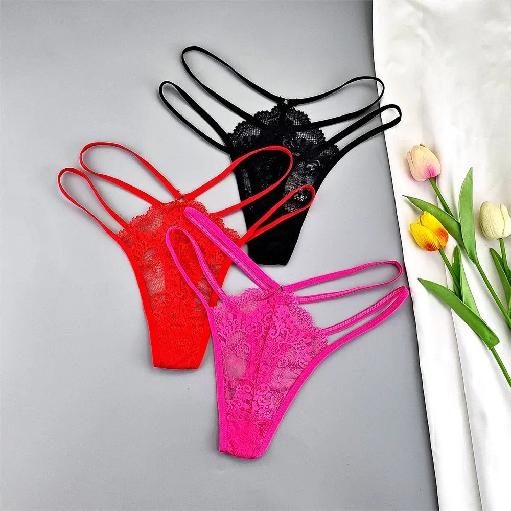 Kit 3 Calcinhas Fio Dental Femininas com Renda Transparente e Cintura Baixa