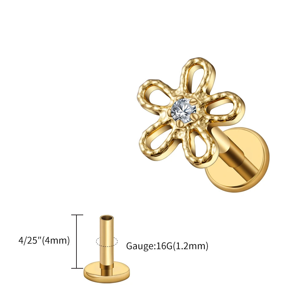 Piercing Feminino em Titânio com Flor Cravejada em Zircônia, Delicado e Sofisticado