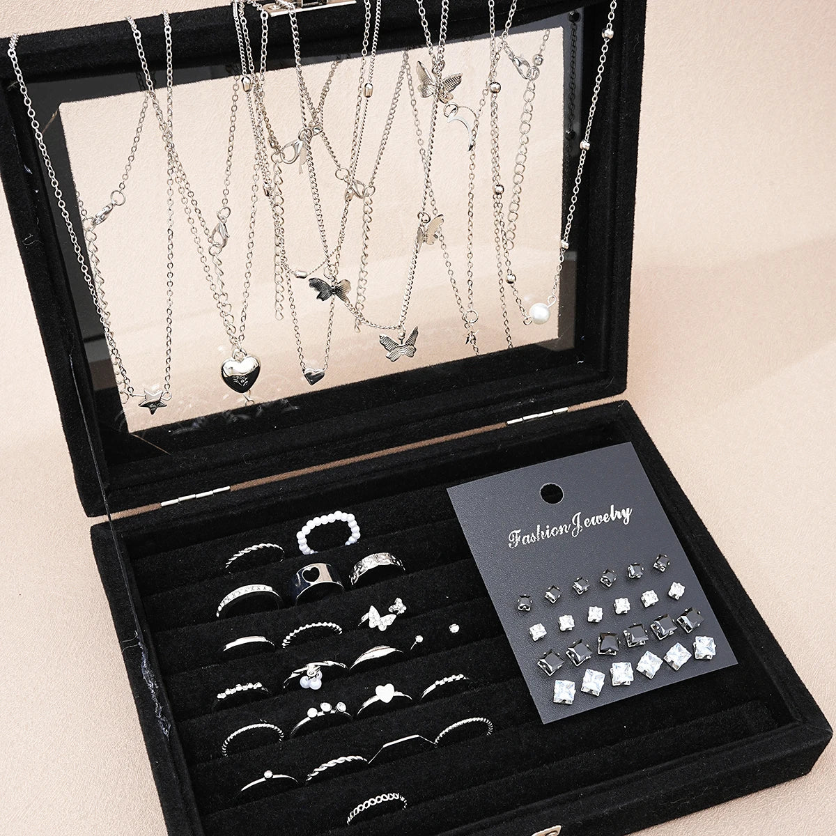 Conjunto de Joias Feminino 51 Peças Prata com Borboleta Coração e Pérolas