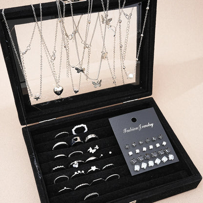 Conjunto de Joias Feminino 51 Peças Prata com Borboleta Coração e Pérolas