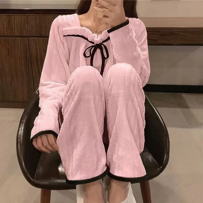 Pijama Feminino de Inverno em Fleece Coral, Conjunto de Manga Longa, Quente, Macio e Confortável