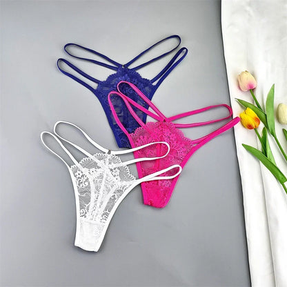 Kit 3 Calcinhas Fio Dental Femininas com Renda Transparente e Cintura Baixa