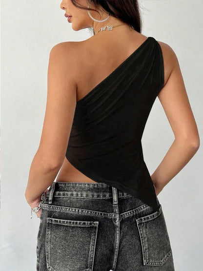 Blusa Feminina Ombro Único Assimétrica, Cor Lisa e Modelagem Justa