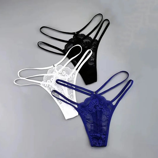 Kit 3 Calcinhas Fio Dental Femininas com Renda Transparente e Cintura Baixa