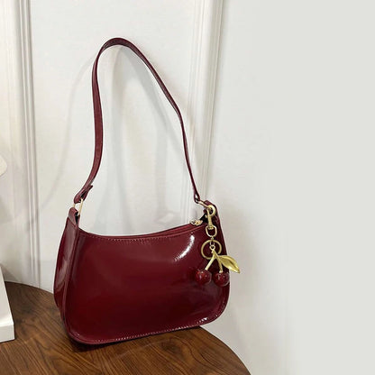 Bolsa Feminina de Ombro em Couro PU com Pingente de Cereja Casual