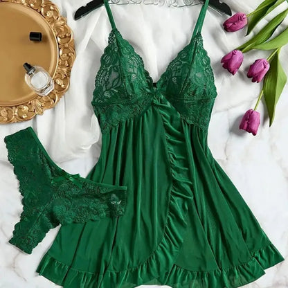Conjunto de Lingerie Feminina em Renda com Camisola e Calcinha Vermelha