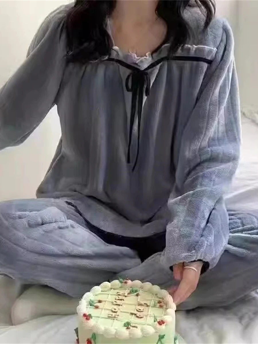 Pijama Feminino de Inverno em Fleece Coral, Conjunto de Manga Longa, Quente, Macio e Confortável