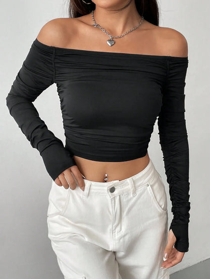 Blusa Feminina Slim Manga Longa com Recorte no Ombro