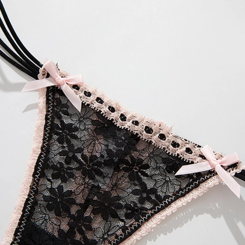 Calcinha Feminina Sexy de Renda com Laço Delicado Cintura Baixa e Tecido Respirável