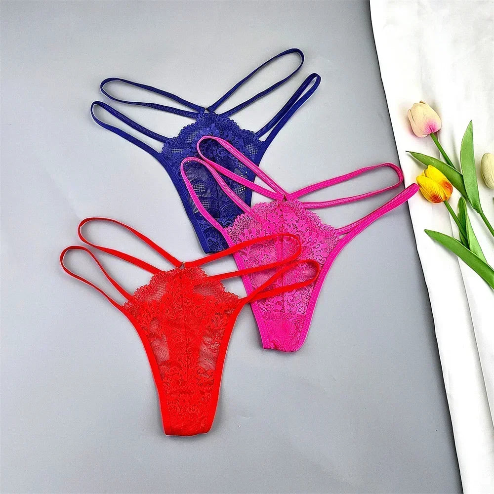 Kit 3 Calcinhas Fio Dental Femininas com Renda Transparente e Cintura Baixa