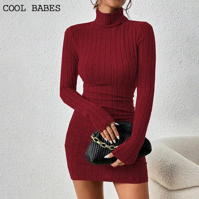 Vestido Feminino Gola Alta Manga Longa Bodycon