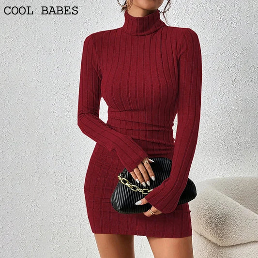 Vestido Feminino Gola Alta Manga Longa Bodycon