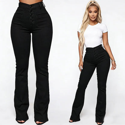 Calça Jeans Feminina Cintura Alta com Lavagem Estonada e Bolsos com Aba