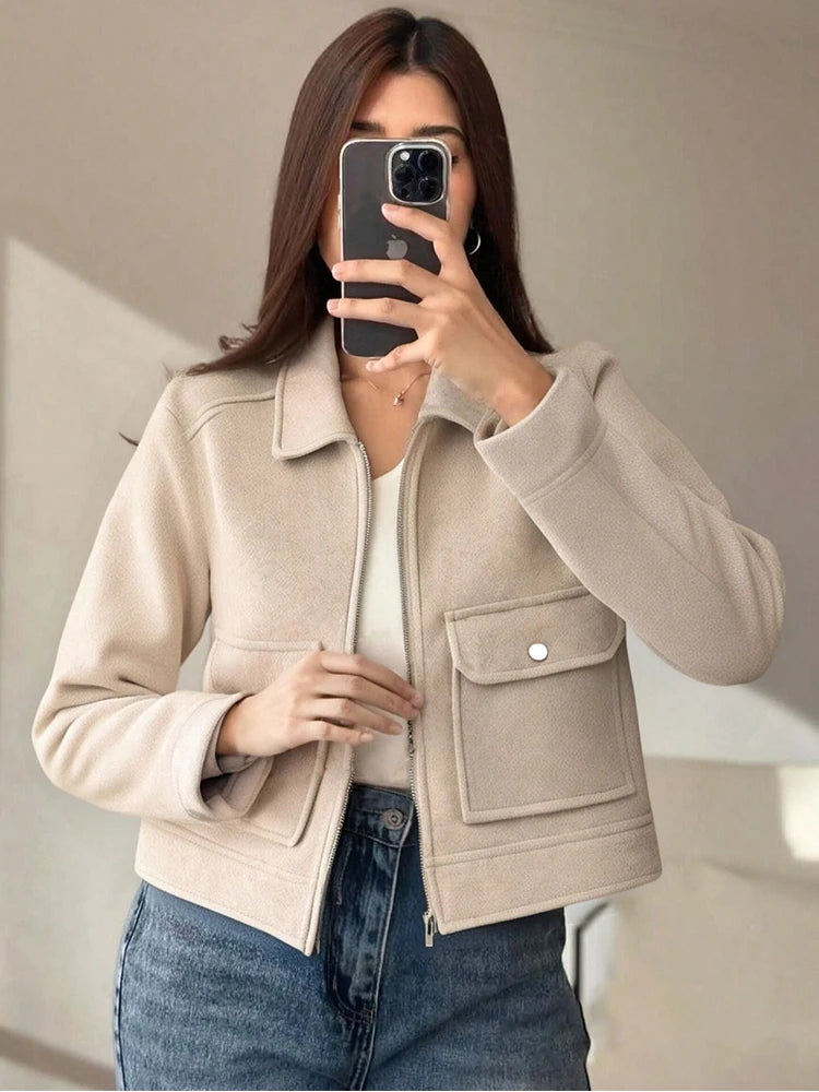 Jaqueta Feminina de Inverno com Zíper e Bolsos, Estilo Curto e Elegante