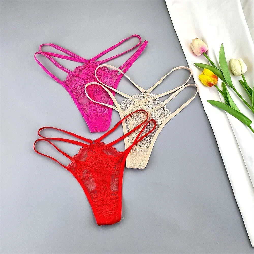 Kit 3 Calcinhas Fio Dental Femininas com Renda Transparente e Cintura Baixa