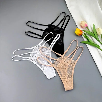 Kit 3 Calcinhas Fio Dental Femininas com Renda Transparente e Cintura Baixa