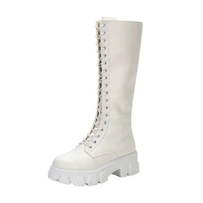Bota Feminina Cano Médio com Plataforma, Estilo Militar e Punk