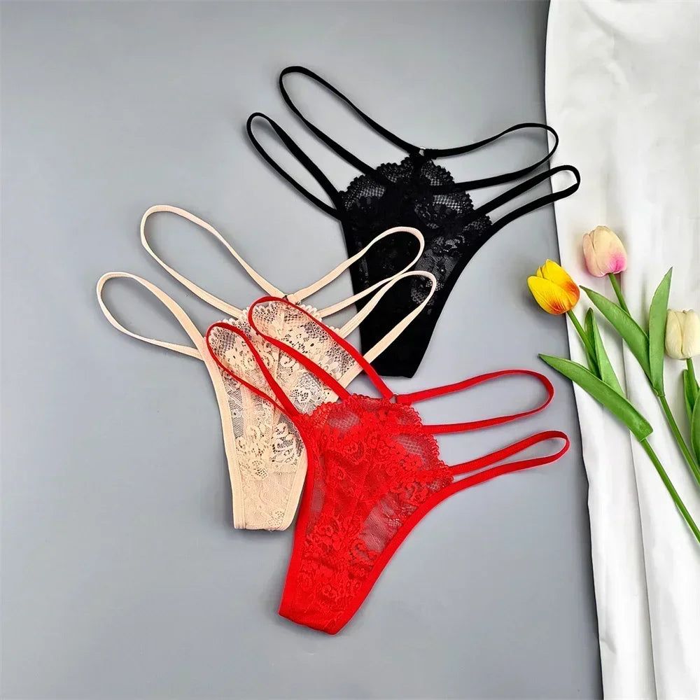 Kit 3 Calcinhas Fio Dental Femininas com Renda Transparente e Cintura Baixa