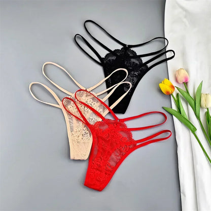 Kit 3 Calcinhas Fio Dental Femininas com Renda Transparente e Cintura Baixa