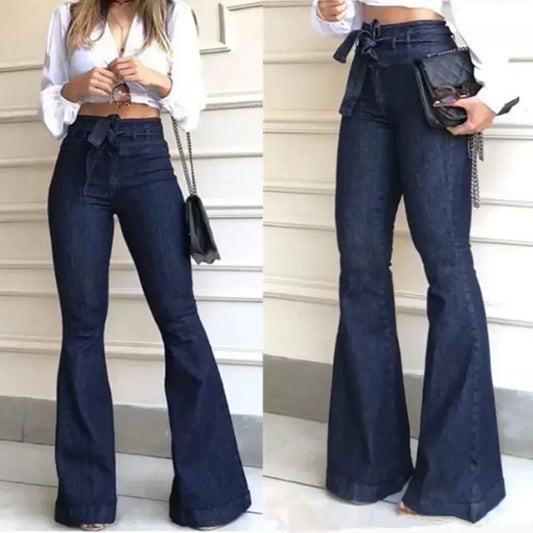 Calça Jeans Feminina Flare de Cintura Alta com Bolsos, Botões e Leve Elasticidade